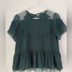 Zara Trafaluc Blouse sz Medium Green Embroidered Ruffle Peplum Top Short Sleeves